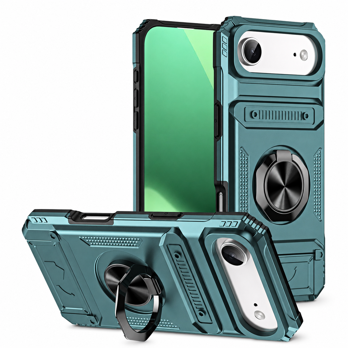 Premium iPhone Case Magnetic Wallet Card Holder Rotating Ring Kickstand Heavy Duty Shockproof PC Protective Cover Non Slip Tough Full Coverage Armor