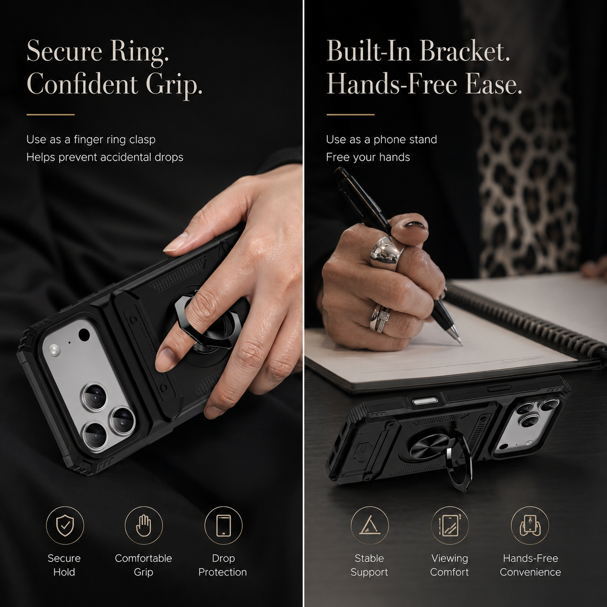 Premium iPhone Case Magnetic Wallet Card Holder Rotating Ring Kickstand Heavy Duty Shockproof PC Protective Cover Non Slip Tough Full Coverage Armor