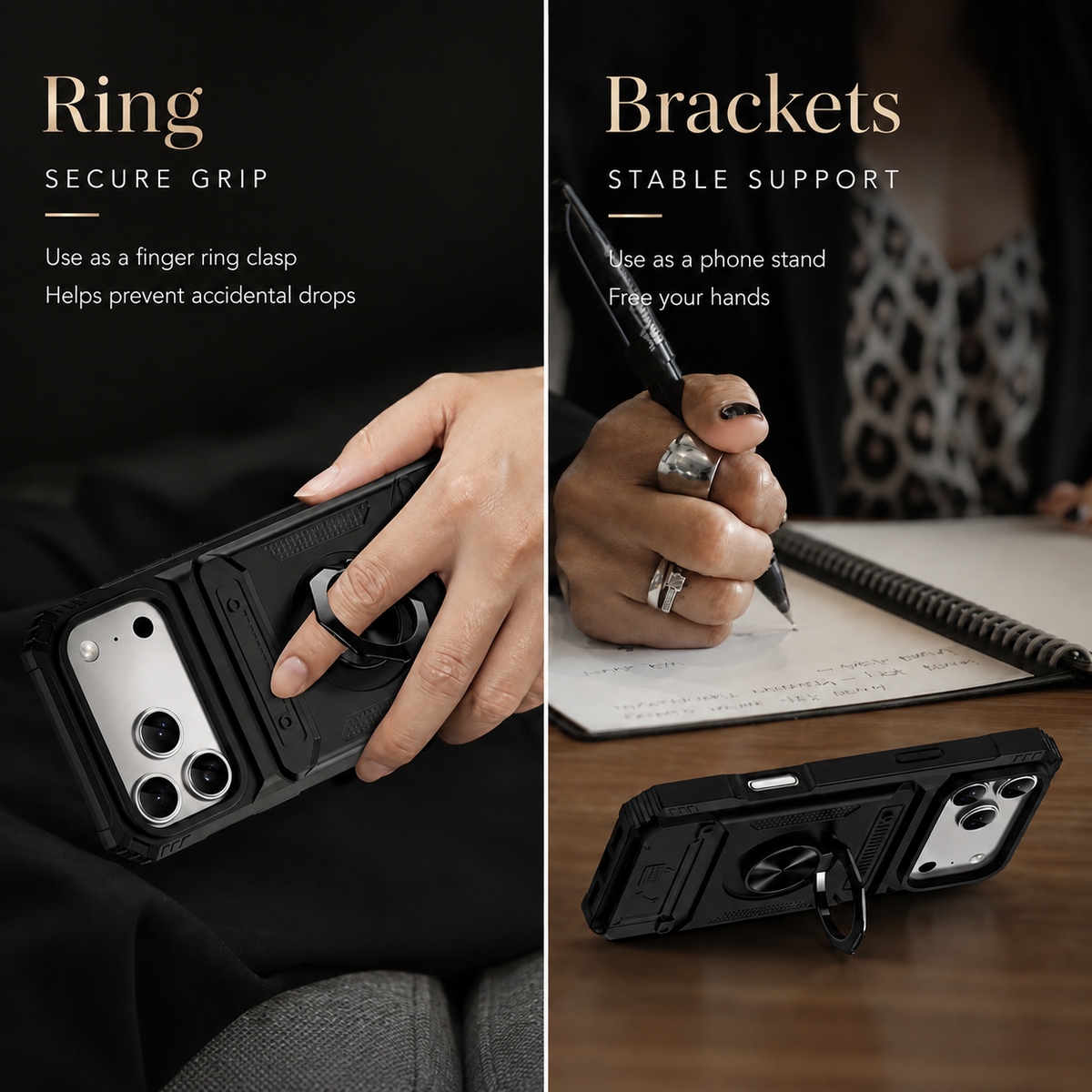 Premium iPhone Case Magnetic Wallet Cover Card Holder Rotating Ring Kickstand Heavy Duty Shockproof Drop Protection Anti Slip Full Coverage Case