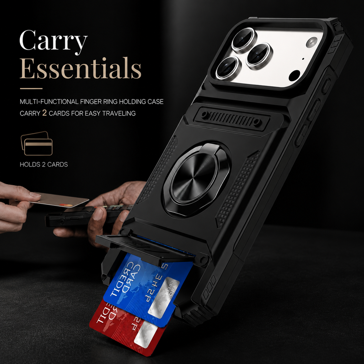 Premium iPhone Case Magnetic Wallet Cover Card Holder Rotating Ring Kickstand Heavy Duty Shockproof Drop Protection Anti Slip Full Coverage Case