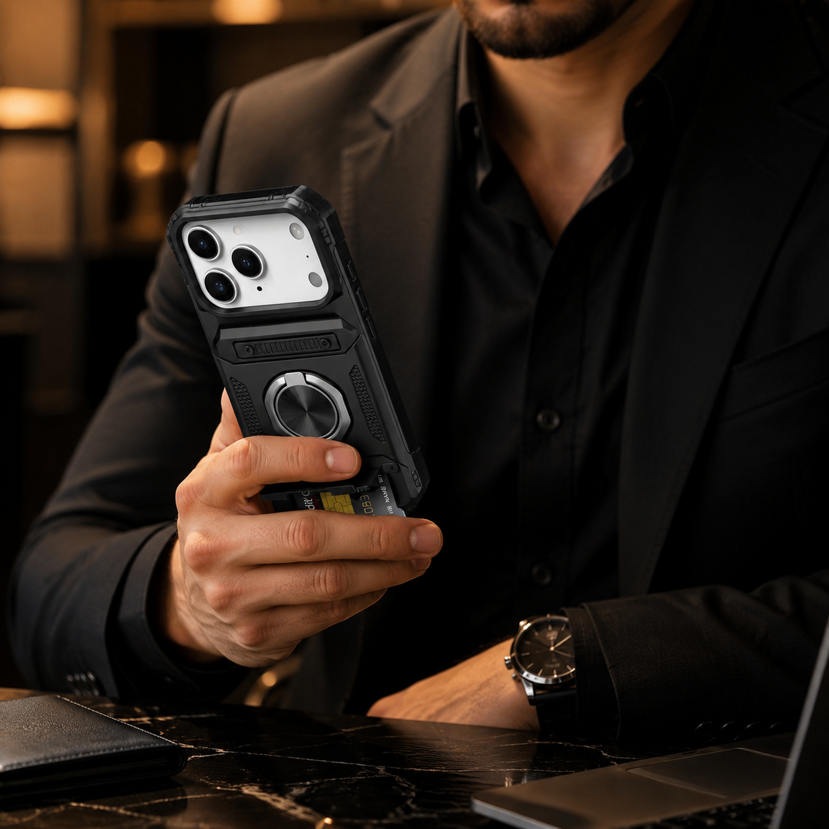 Premium iPhone Case Magnetic Wallet Cover Card Holder Rotating Ring Kickstand Heavy Duty Shockproof Drop Protection Anti Slip Full Coverage Case