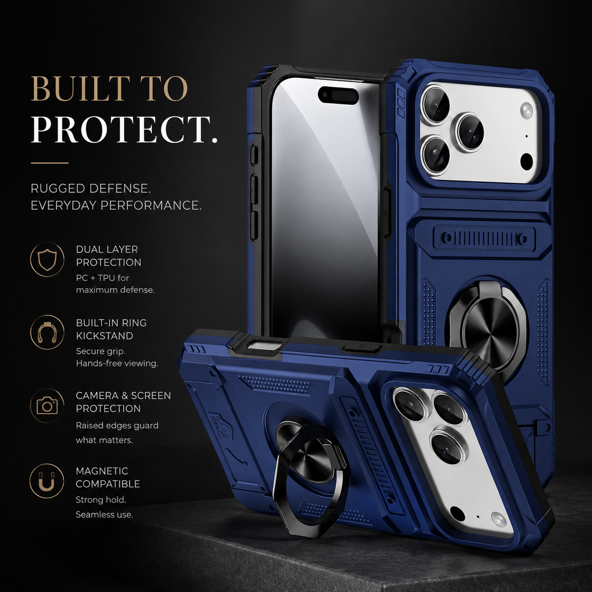 Premium iPhone Case Magnetic Wallet Cover Card Holder Rotating Ring Kickstand Heavy Duty Shockproof Drop Protection Anti Slip Full Coverage Case