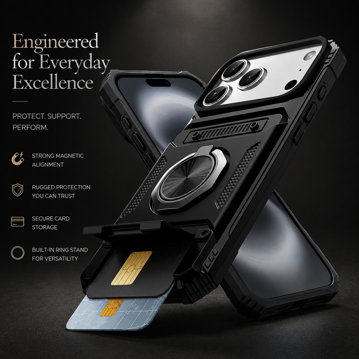 Premium iPhone Case Magnetic Wallet Cover Card Holder Rotating Ring Kickstand Heavy Duty Shockproof Drop Protection Anti Slip Full Coverage Case