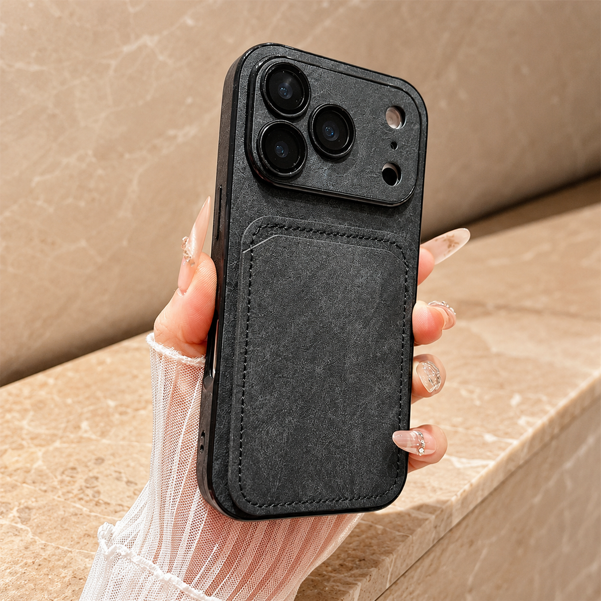 Premium iPhone Case Matte Card Holder Wallet Shockproof Acrylic Protective Cover Slim Anti Scratch Non Slip Bumper Hard Back Card Storage Case