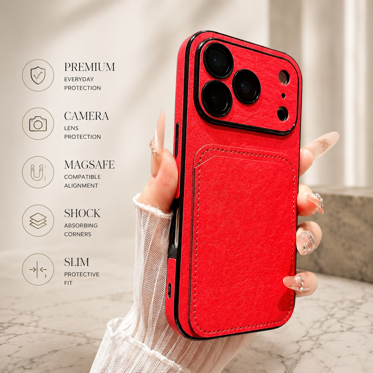Premium iPhone Case Matte Card Holder Wallet Shockproof Acrylic Protective Cover Slim Anti Scratch Non Slip Bumper Hard Back Card Storage Case