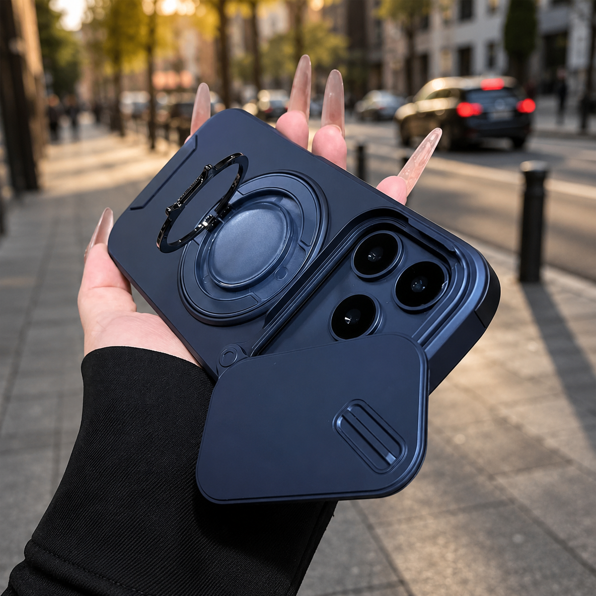 Premium iPhone Case Military Armor Magnetic Ring Cover with 360° Rotating Folding Stand Full Lens Protection Dual-Layer Shockproof Design