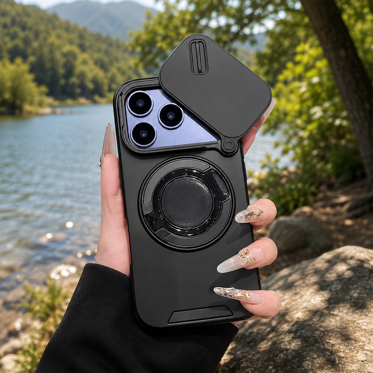 Premium iPhone Case Military Armor Magnetic Ring Cover with 360° Rotating Folding Stand Full Lens Protection Dual-Layer Shockproof Design