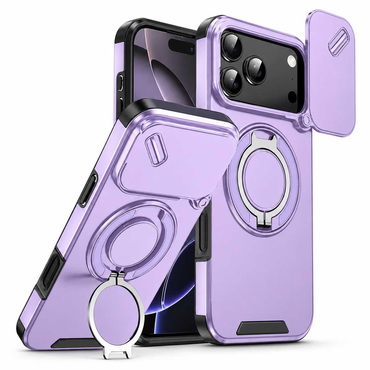 Premium iPhone Case Military Armor Magnetic Ring Cover with 360° Rotating Folding Stand Full Lens Protection Dual-Layer Shockproof Design