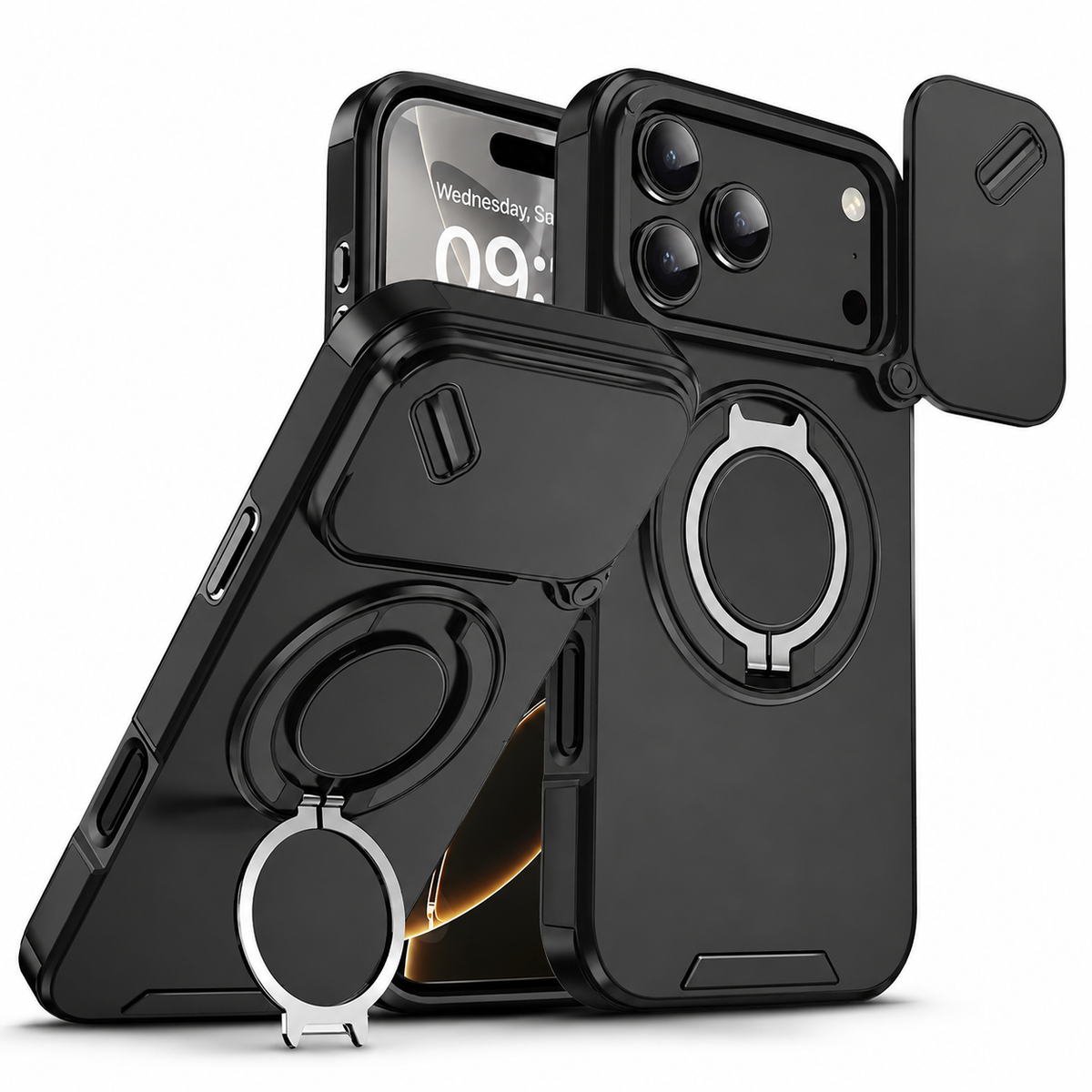 Premium iPhone Case Military Armor Magnetic Ring Cover with 360° Rotating Folding Stand Full Lens Protection Dual-Layer Shockproof Design