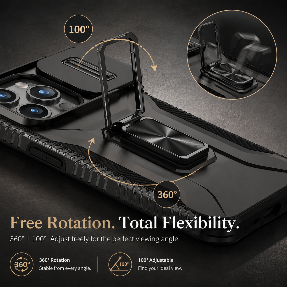 Premium iPhone Case Military Grade Shockproof Anti Slip Magnetic Slide Camera Cover Rotary Stand PC TPU Heavy Duty Protective Full Coverage Case