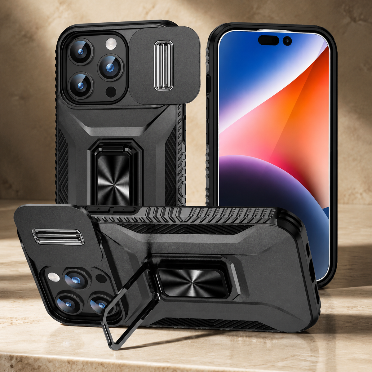 Premium iPhone Case Military Grade Shockproof Anti Slip Magnetic Slide Camera Cover Rotary Stand PC TPU Heavy Duty Protective Full Coverage Case