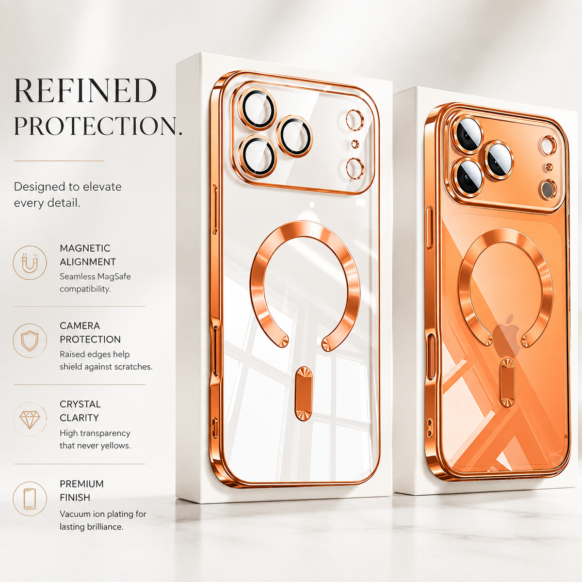 Premium iPhone Case Orange Magnetic Clear TPU Cover with Plated Edge Soft Shockproof Protective Design Wireless Charging Compatible Slim Business Style