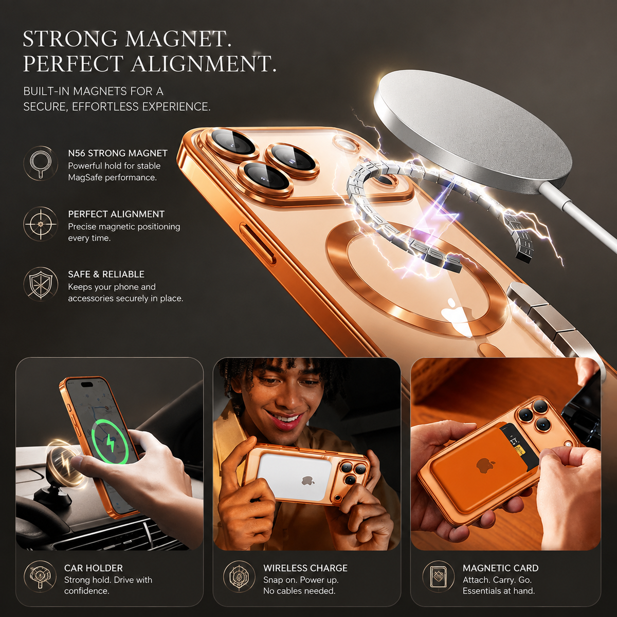 Premium iPhone Case Orange Magnetic Clear TPU Cover with Plated Edge Soft Shockproof Protective Design Wireless Charging Compatible Slim Business Style