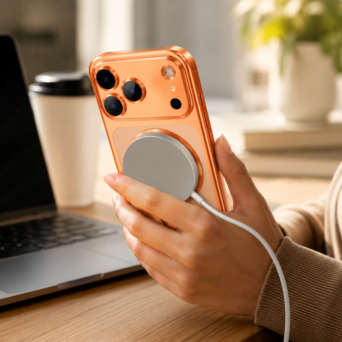 Premium iPhone Case Orange Magnetic Clear TPU Cover with Plated Edge Soft Shockproof Protective Design Wireless Charging Compatible Slim Business Style