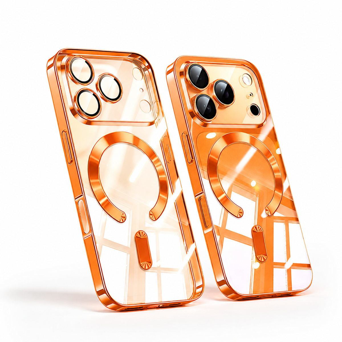 Premium iPhone Case Orange Magnetic Clear TPU Cover with Plated Edge Soft Shockproof Protective Design Wireless Charging Compatible Slim Business Style