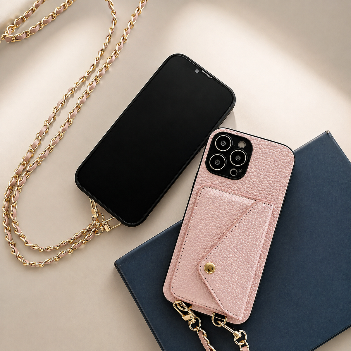 Premium iPhone Case PU Leather Crossbody Wallet Card Holder Detachable Chain Strap Lanyard Full Coverage Shockproof Anti Scratch Non Slip Slim Fit Use