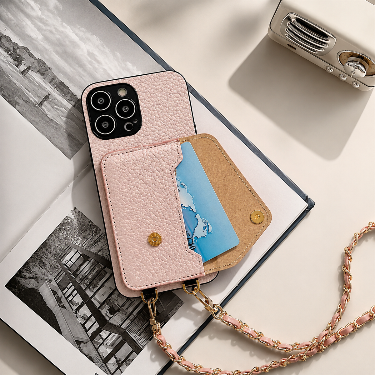 Premium iPhone Case PU Leather Crossbody Wallet Card Holder Detachable Chain Strap Lanyard Full Coverage Shockproof Anti Scratch Non Slip Slim Fit Use