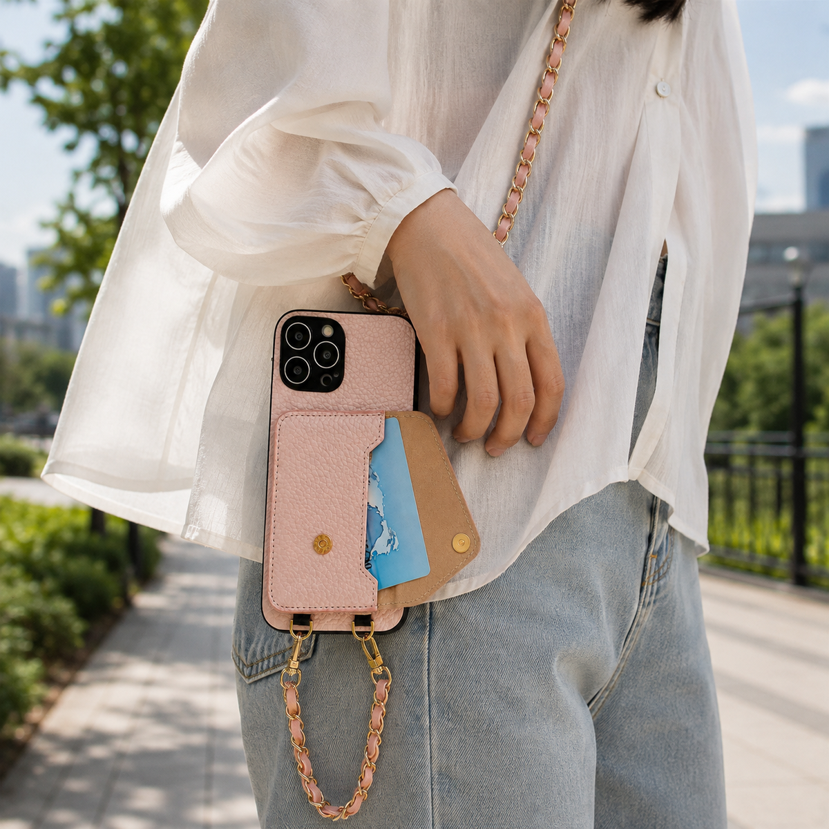 Premium iPhone Case PU Leather Crossbody Wallet Card Holder Detachable Chain Strap Lanyard Full Coverage Shockproof Anti Scratch Non Slip Slim Fit Use