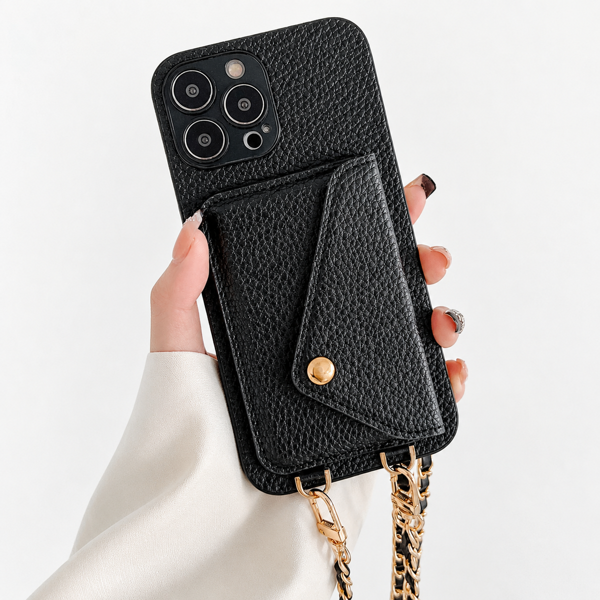 Premium iPhone Case PU Leather Crossbody Wallet Card Holder Detachable Chain Strap Lanyard Full Coverage Shockproof Anti Scratch Non Slip Slim Fit Use