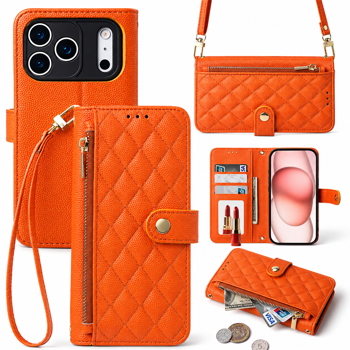 Premium iPhone Case PU Leather Crossbody Wallet Card Holder Lanyard Strap Anti Scratch Non Slip Protective Cover Slim Portable Everyday Carry & Design