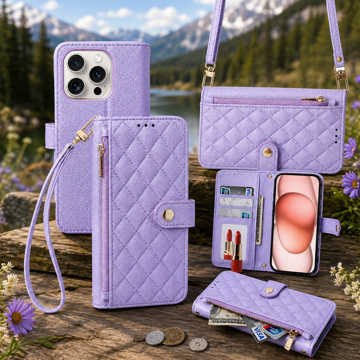 Premium iPhone Case PU Leather Crossbody Wallet Card Holder Lanyard Strap Anti Scratch Non Slip Protective Cover Slim Portable Everyday Carry & Design