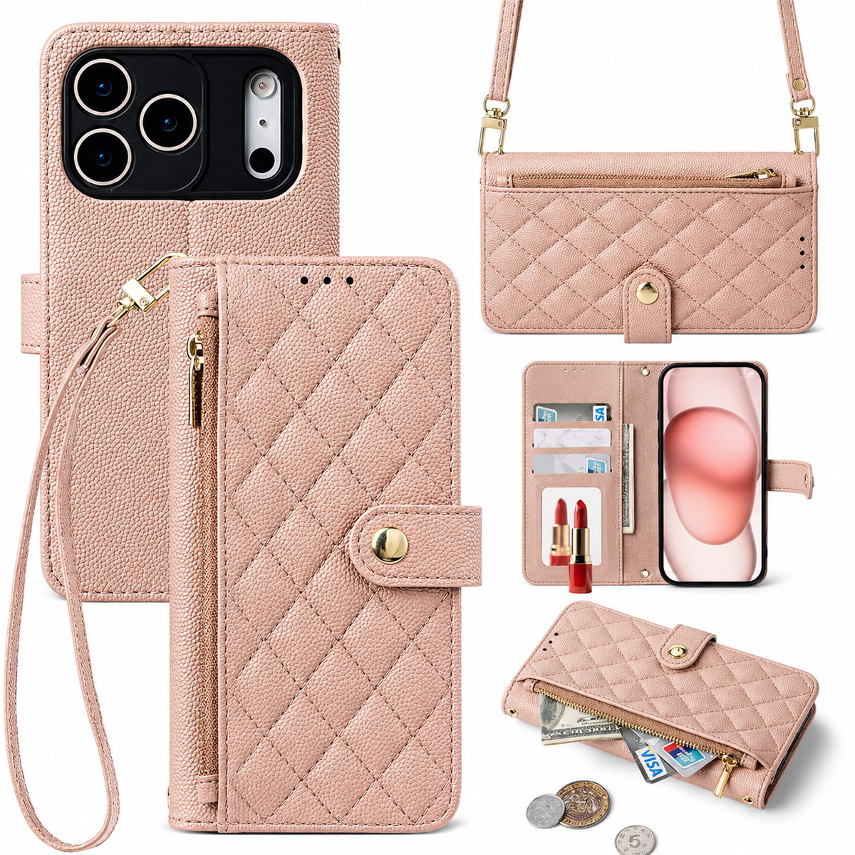 Premium iPhone Case PU Leather Crossbody Wallet Card Holder Lanyard Strap Anti Scratch Non Slip Protective Cover Slim Portable Everyday Carry & Design