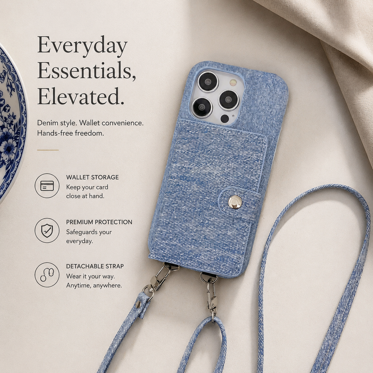 Premium iPhone Case PU Leather Wallet Crossbody Flip Cover Card Pocket Shoulder Strap Magnetic Closure Shockproof Full Coverage Slim Design