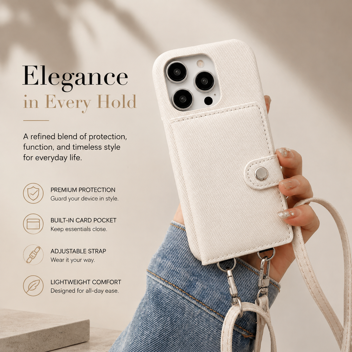 Premium iPhone Case PU Leather Wallet Crossbody Flip Cover Card Pocket Shoulder Strap Magnetic Closure Shockproof Full Coverage Slim Design