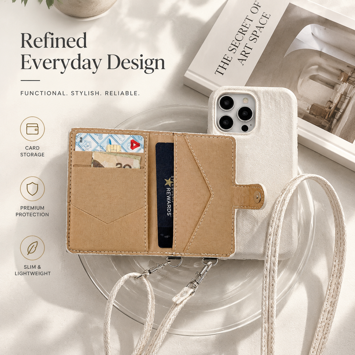 Premium iPhone Case PU Leather Wallet Crossbody Flip Cover Card Pocket Shoulder Strap Magnetic Closure Shockproof Full Coverage Slim Design