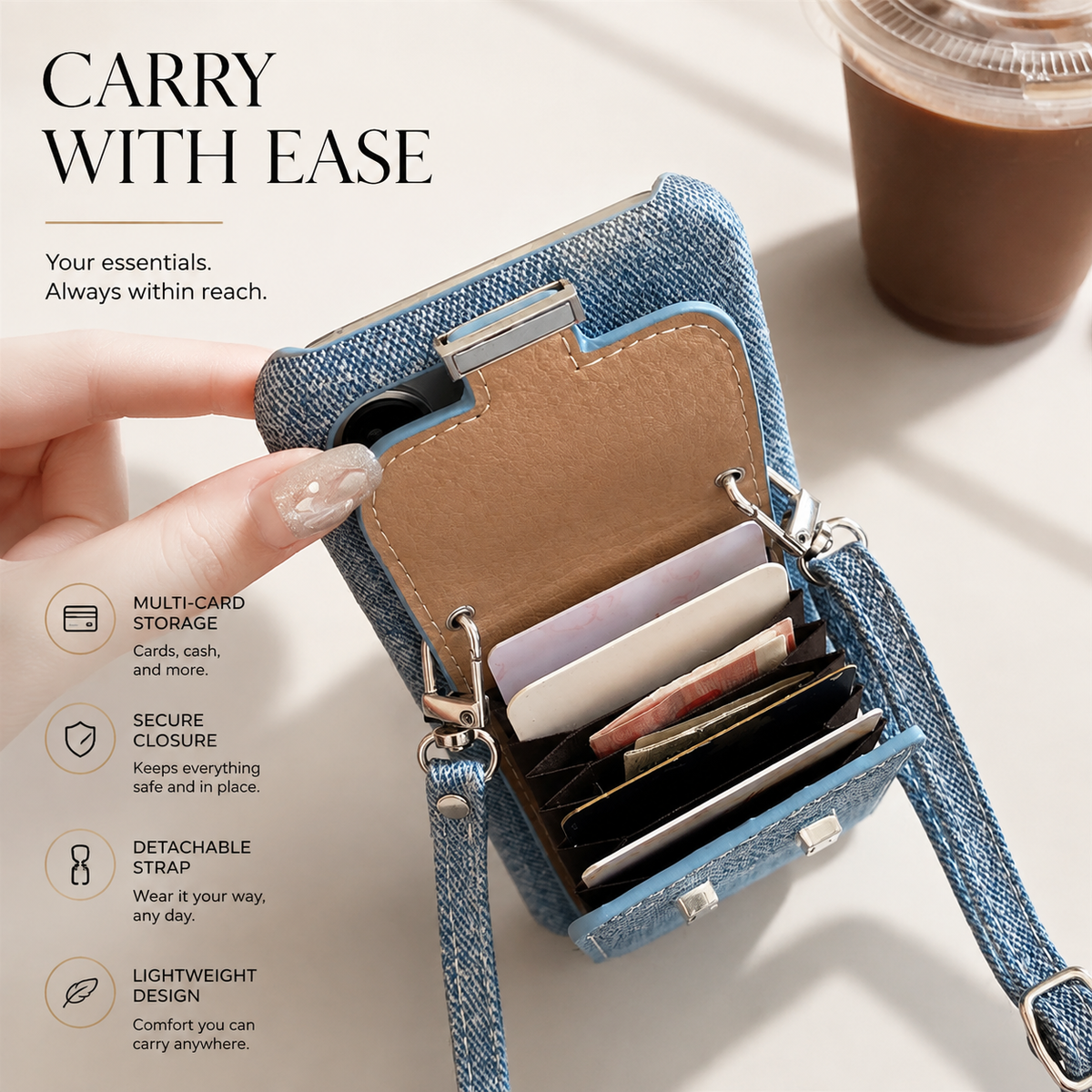Premium iPhone Case PU Leather Wallet Crossbody Flip Cover Card Pocket Shoulder Strap Magnetic Closure Shockproof Full Coverage Slim Design