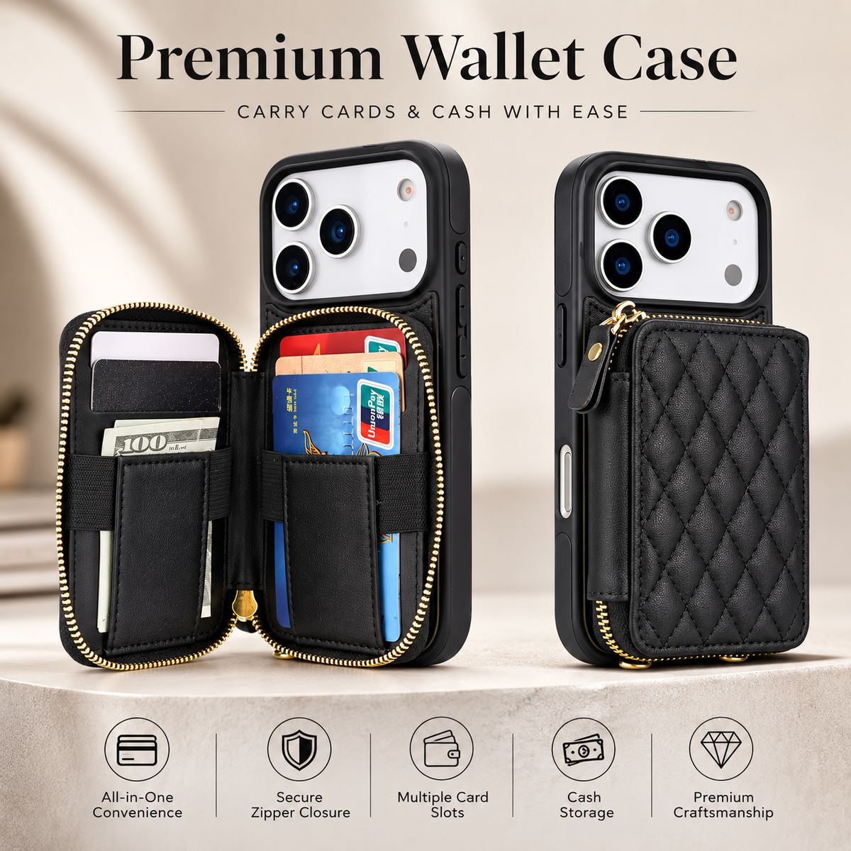 Premium iPhone Case RFID Blocking Crossbody Folio Wallet Zipper Handbag Card Holder Kickstand Wrist Strap Lanyard Magnetic Full Coverage Case Portable