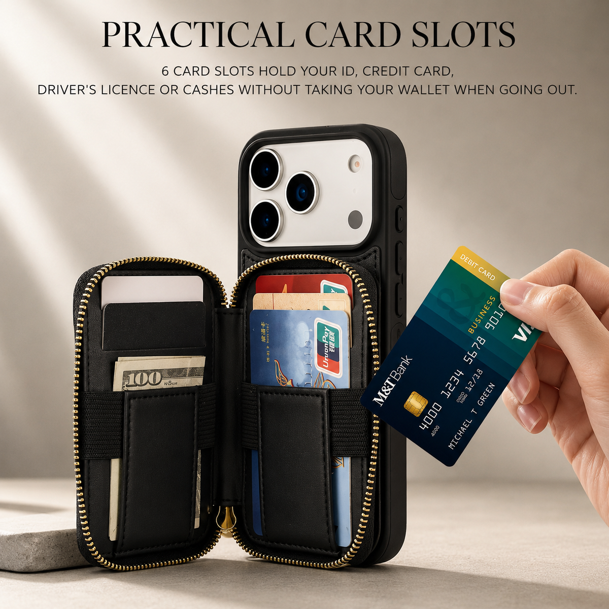 Premium iPhone Case RFID Blocking Crossbody Folio Wallet Zipper Handbag Card Holder Kickstand Wrist Strap Lanyard Magnetic Full Coverage Case Portable