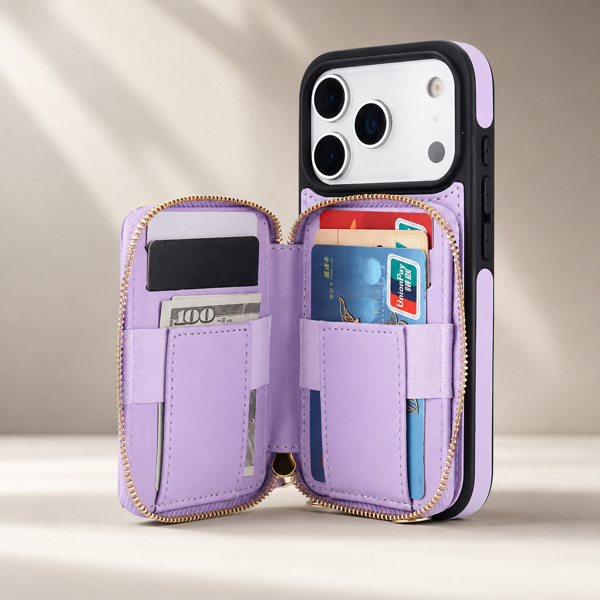 Premium iPhone Case RFID Blocking Crossbody Folio Wallet Zipper Handbag Card Holder Kickstand Wrist Strap Lanyard Magnetic Full Coverage Case Portable