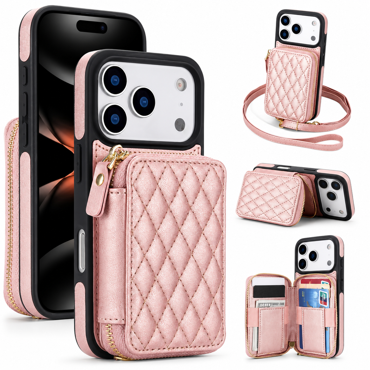 Premium iPhone Case RFID Blocking Crossbody Folio Wallet Zipper Handbag Card Holder Kickstand Wrist Strap Lanyard Magnetic Full Coverage Case Portable