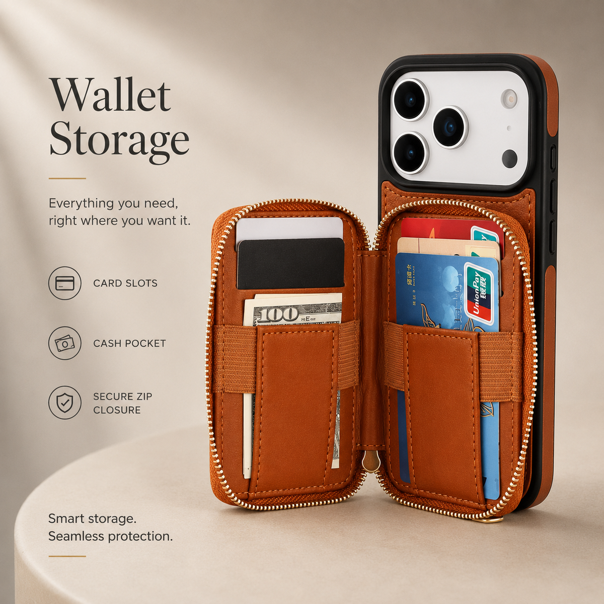 Premium iPhone Case RFID Blocking Crossbody Folio Wallet Zipper Handbag Card Holder Kickstand Wrist Strap Lanyard Magnetic Full Coverage Case Portable