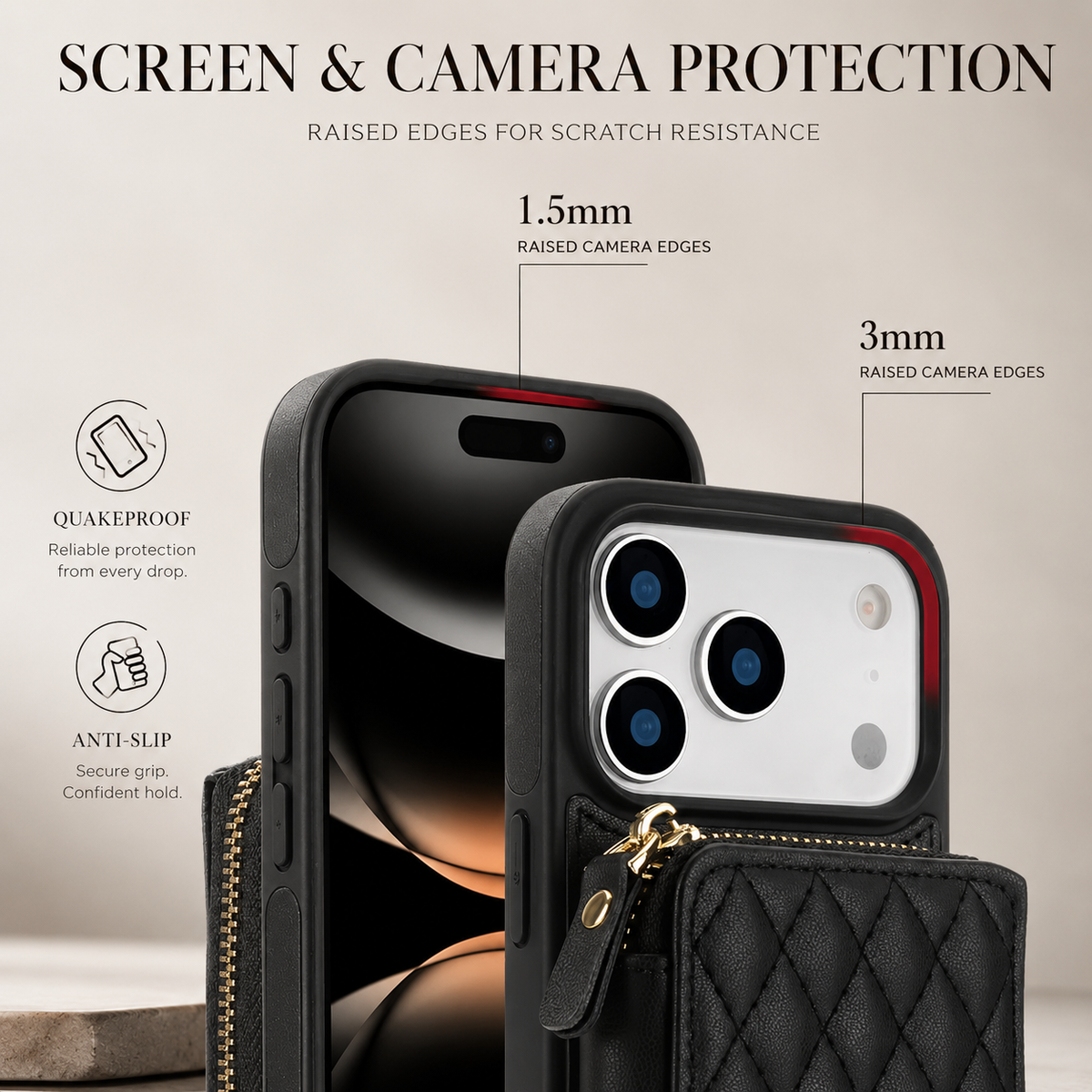 Premium iPhone Case RFID Blocking Crossbody Folio Wallet Zipper Handbag Card Holder Kickstand Wrist Strap Lanyard Magnetic Full Coverage Case Portable