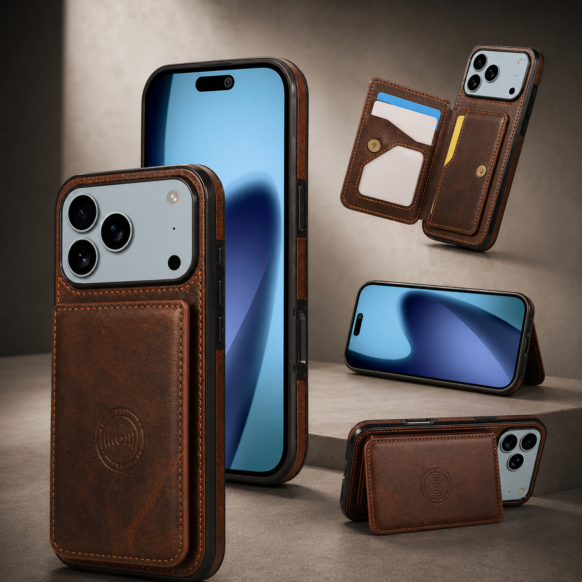 Premium iPhone Case RFID Blocking Leather Wallet Magnetic Closure Card Holder Shockproof Full Protection Anti Scratch Secure Storage Slim Cover
