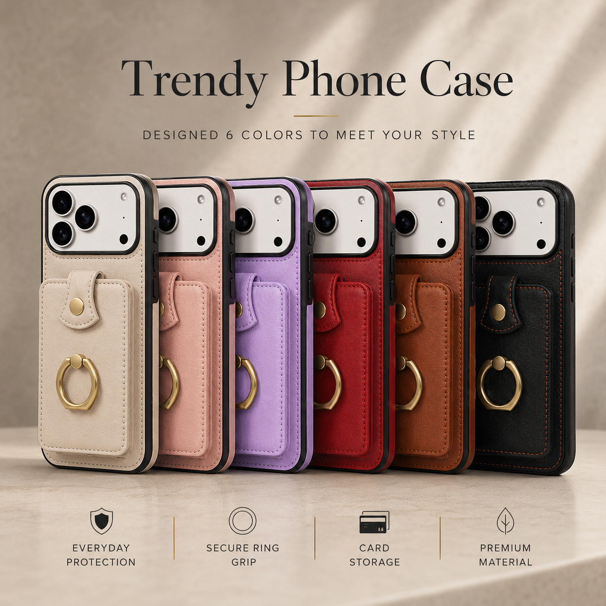 Premium iPhone Case RFID Blocking Wallet Cover PU Leather Card Holder 360° Rotating Ring Kickstand Lanyard Shockproof Full Protection Slim Case Design