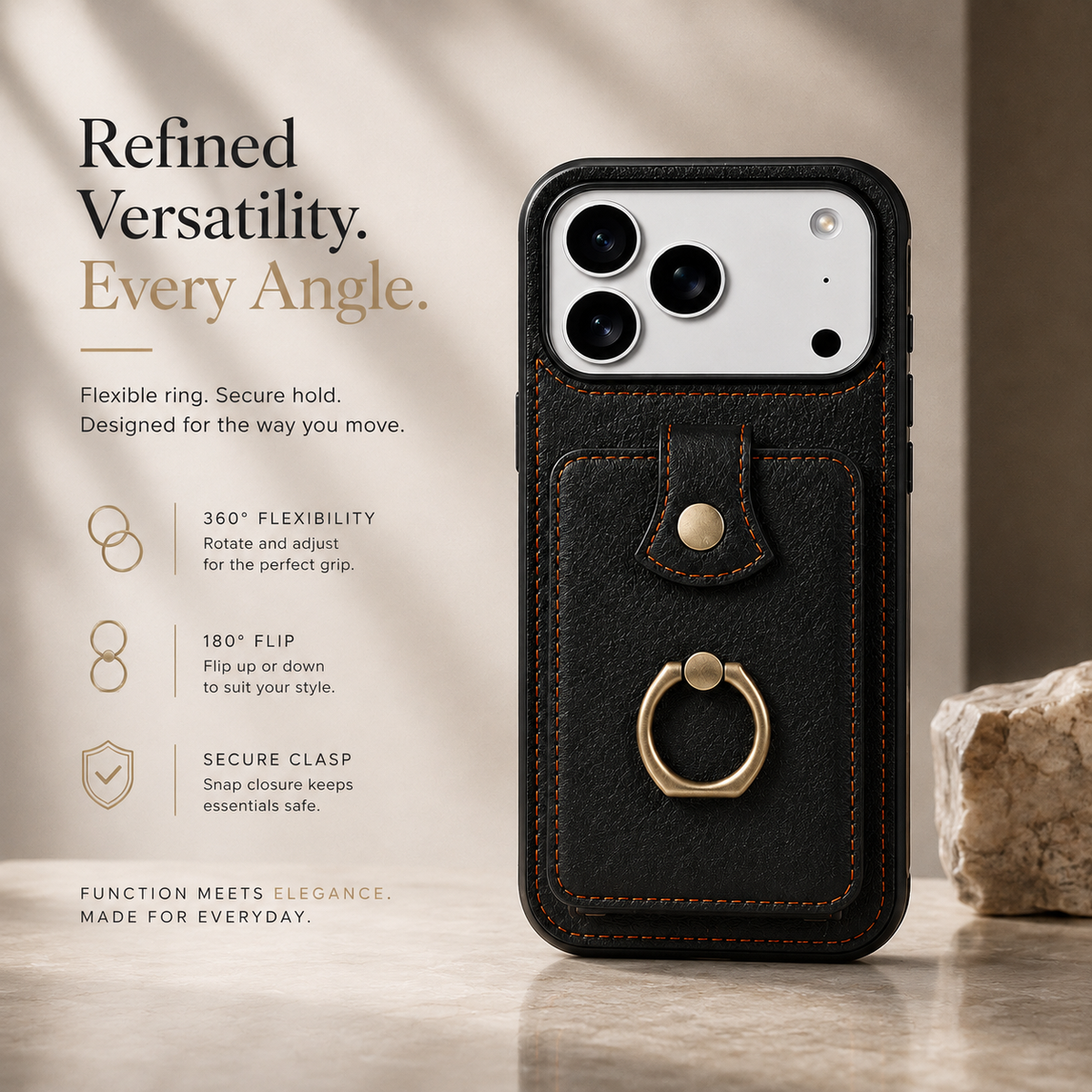 Premium iPhone Case RFID Blocking Wallet Cover PU Leather Card Holder 360° Rotating Ring Kickstand Lanyard Shockproof Full Protection Slim Case Design
