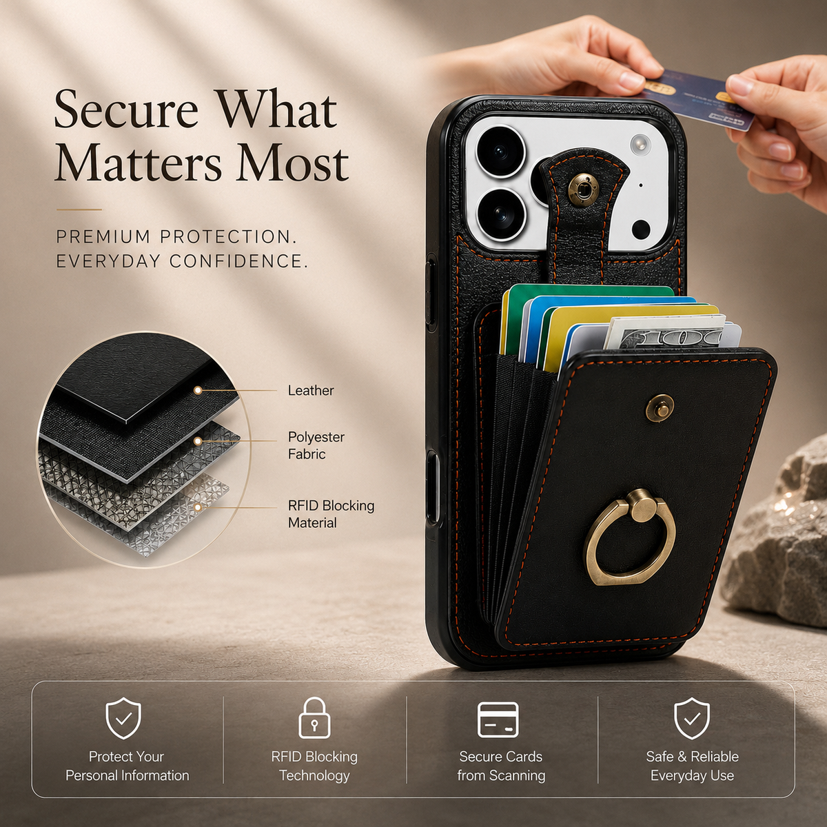 Premium iPhone Case RFID Blocking Wallet Cover PU Leather Card Holder 360° Rotating Ring Kickstand Lanyard Shockproof Full Protection Slim Case Design