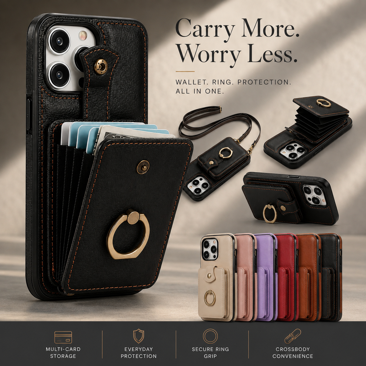Premium iPhone Case RFID Blocking Wallet Cover PU Leather Card Holder 360° Rotating Ring Kickstand Lanyard Shockproof Full Protection Slim Case Design