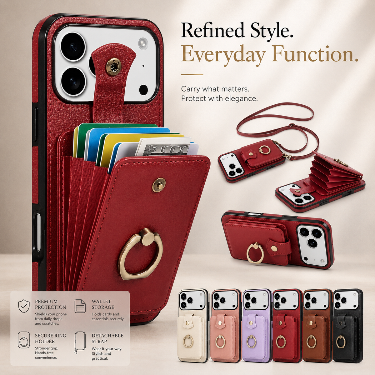 Premium iPhone Case RFID Blocking Wallet Cover PU Leather Card Holder 360° Rotating Ring Kickstand Lanyard Shockproof Full Protection Slim Case Design