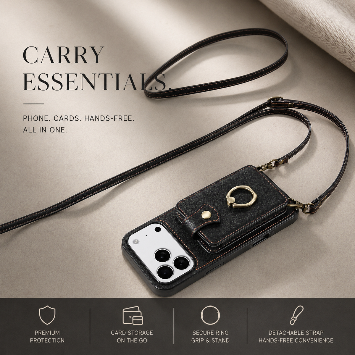 Premium iPhone Case RFID Blocking Wallet Cover PU Leather Card Holder 360° Rotating Ring Kickstand Lanyard Shockproof Full Protection Slim Case Design