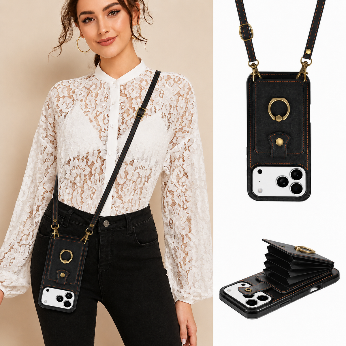 Premium iPhone Case RFID Blocking Wallet Cover PU Leather Card Holder 360° Rotating Ring Kickstand Lanyard Shockproof Full Protection Slim Case Design