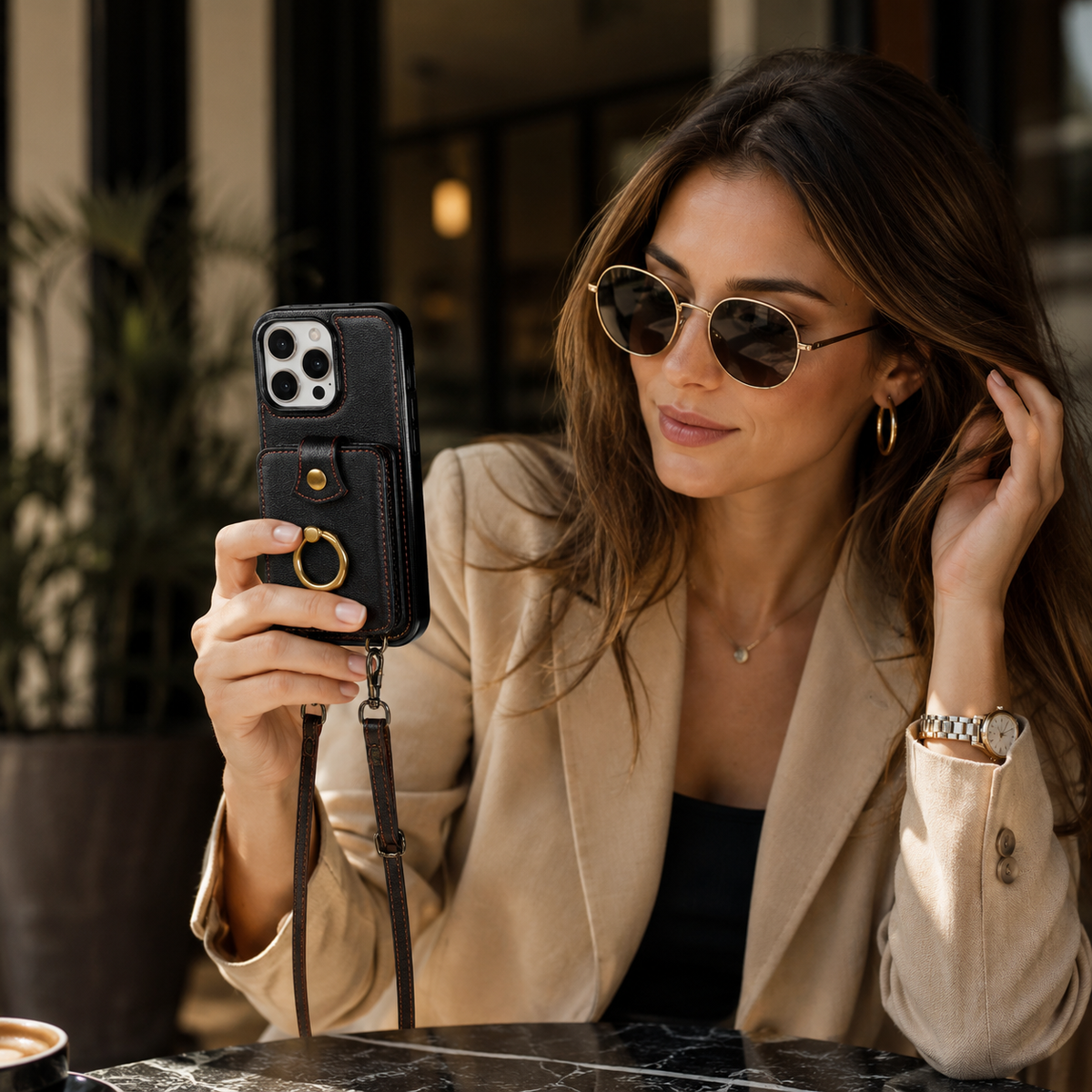 Premium iPhone Case RFID Blocking Wallet Cover PU Leather Card Holder 360° Rotating Ring Kickstand Lanyard Shockproof Full Protection Slim Case Design
