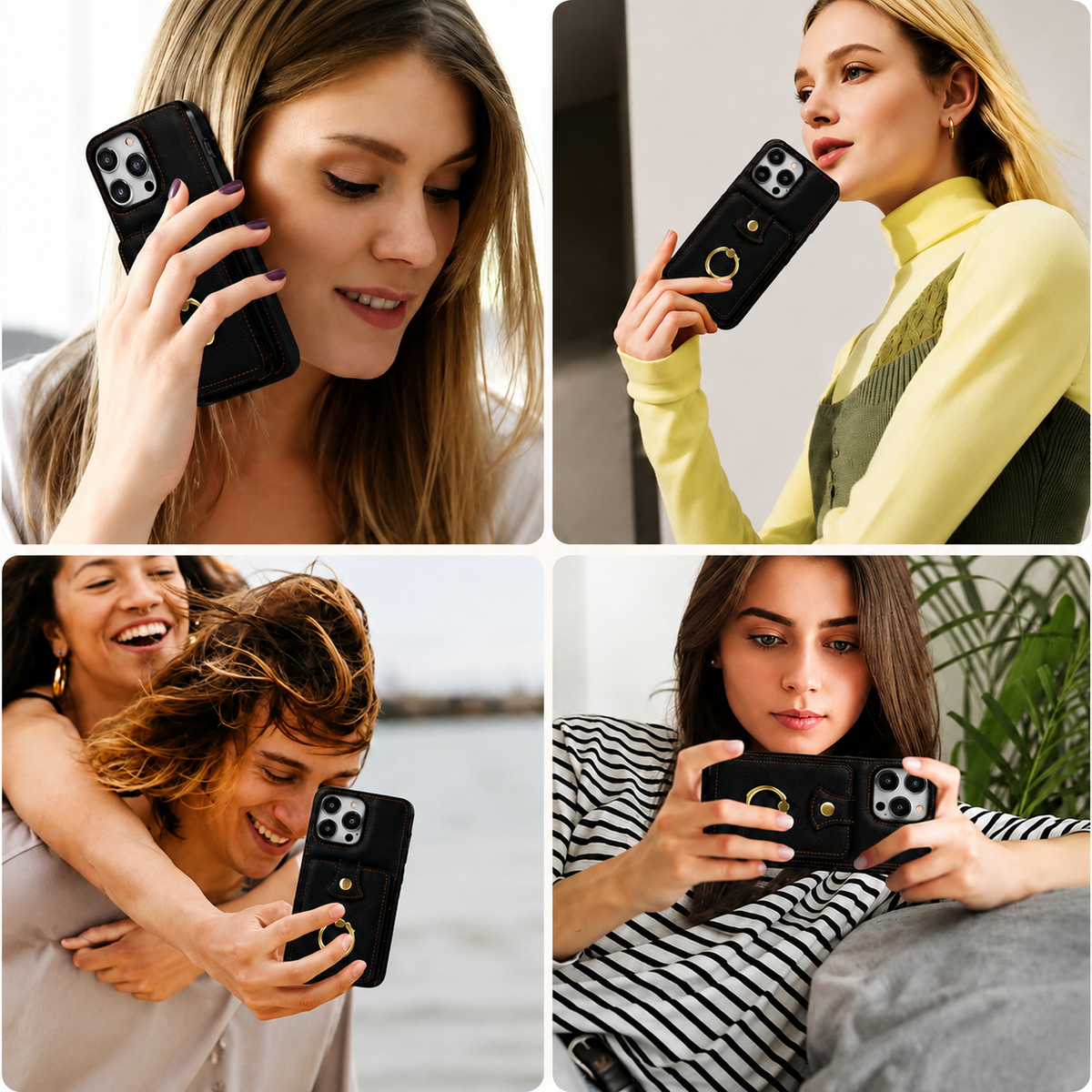 Premium iPhone Case RFID Blocking Wallet Cover PU Leather Card Holder 360° Rotating Ring Kickstand Lanyard Shockproof Full Protection Slim Case Design