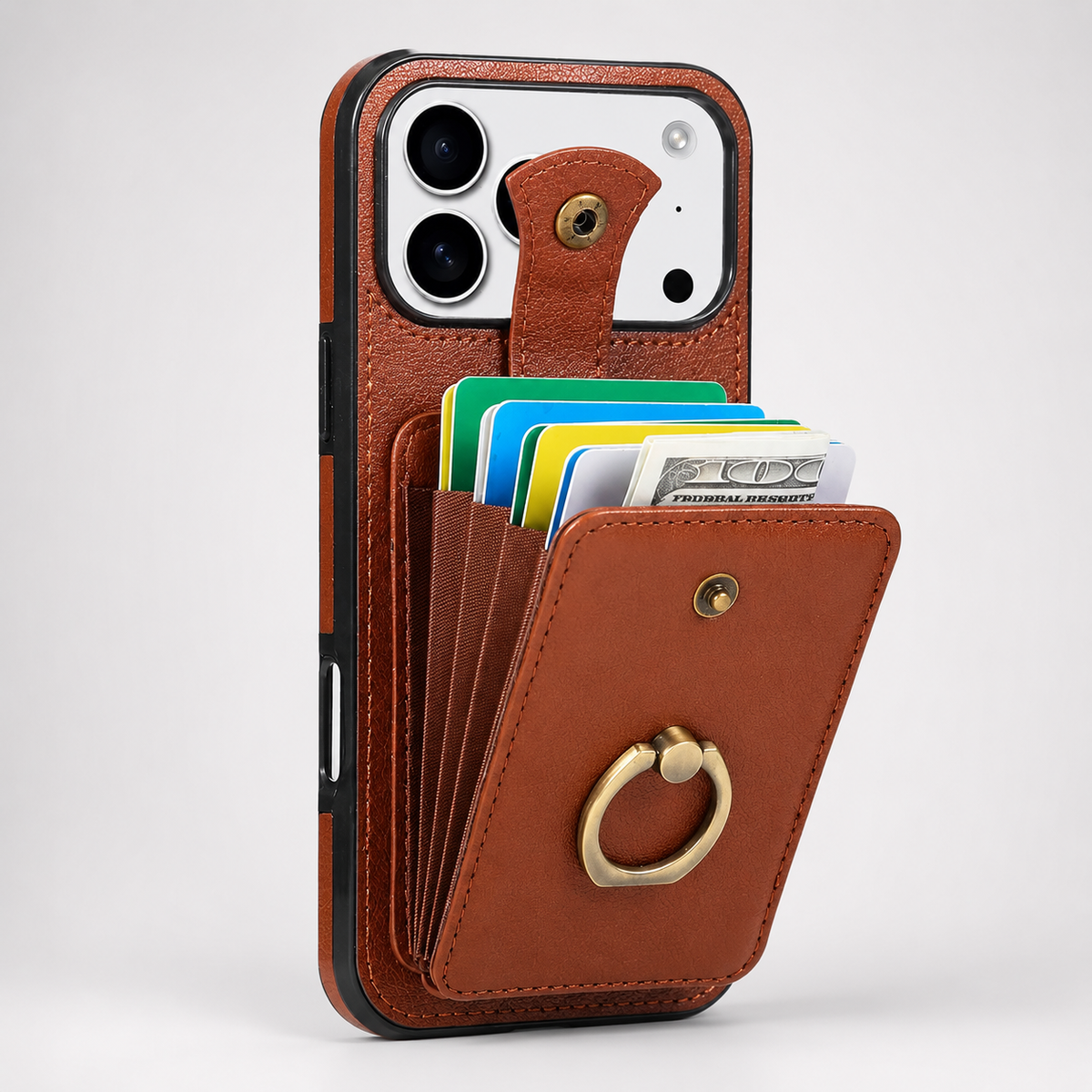 Premium iPhone Case RFID Blocking Wallet Cover PU Leather Card Holder 360° Rotating Ring Kickstand Lanyard Shockproof Full Protection Slim Case Design