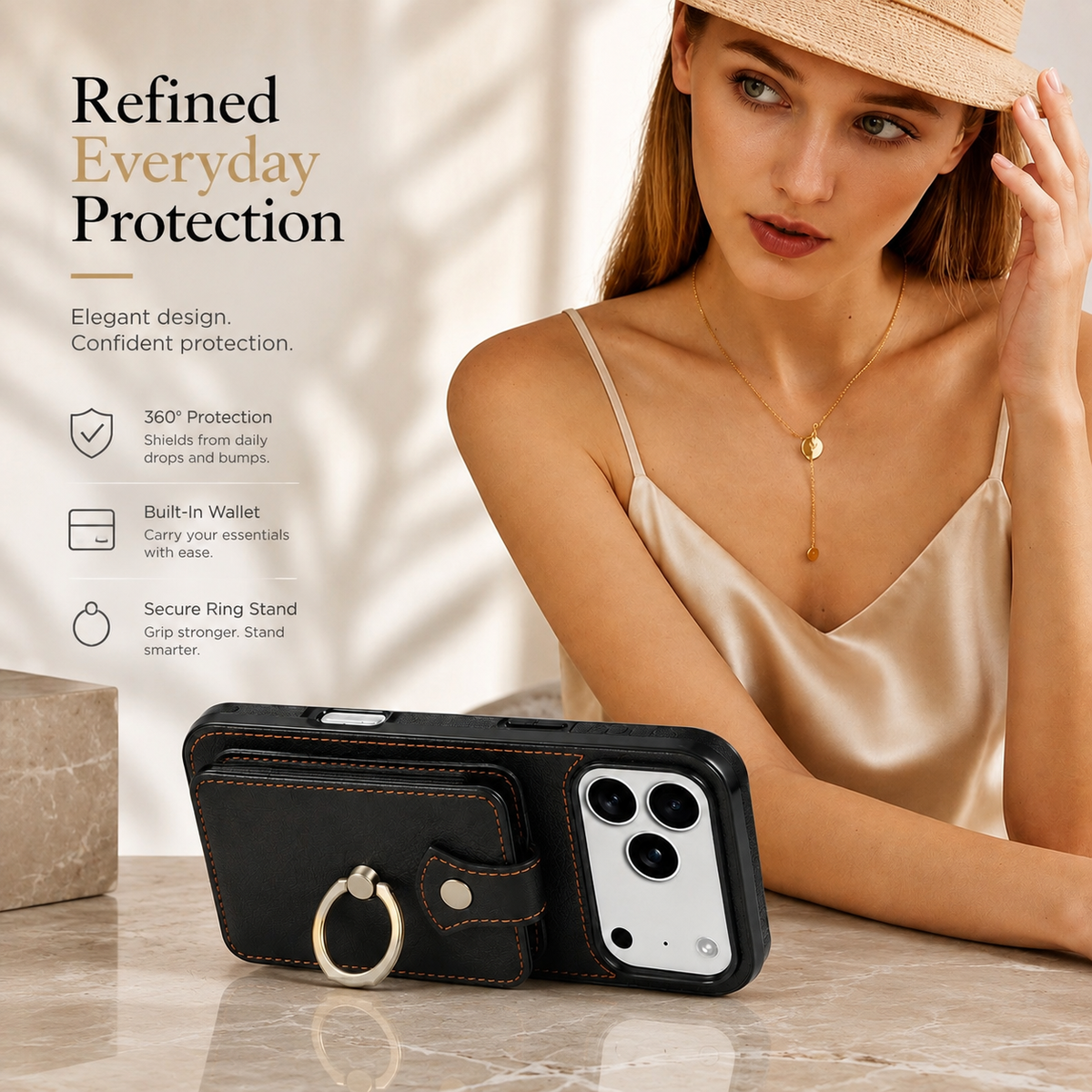 Premium iPhone Case RFID Blocking Wallet Cover PU Leather Card Holder 360° Rotating Ring Kickstand Lanyard Shockproof Full Protection Slim Case Design