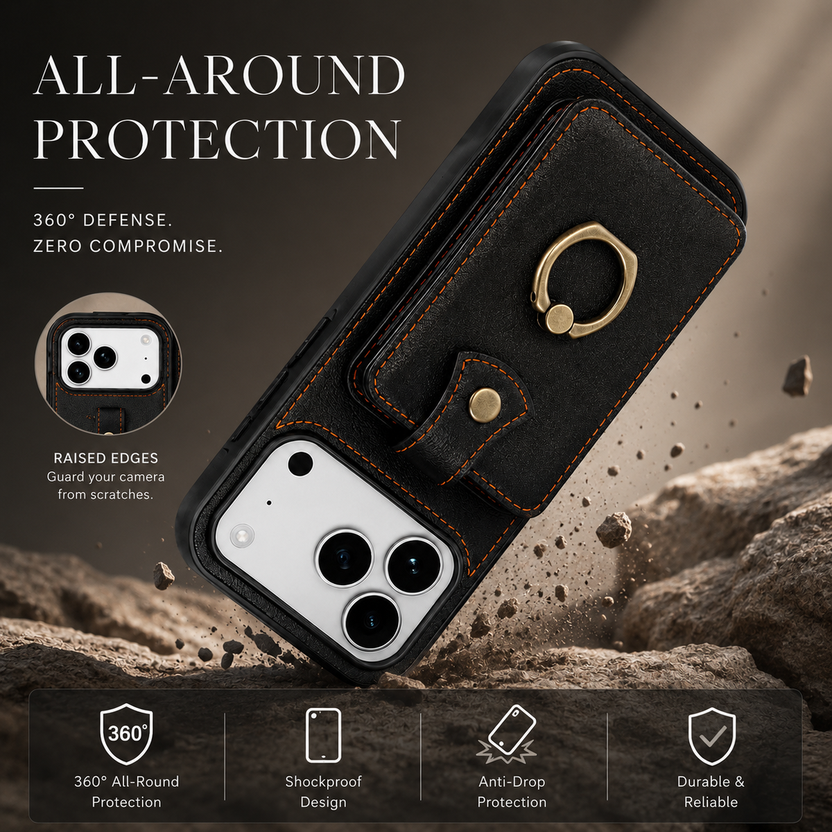 Premium iPhone Case RFID Blocking Wallet Cover PU Leather Card Holder 360° Rotating Ring Kickstand Lanyard Shockproof Full Protection Slim Case Design