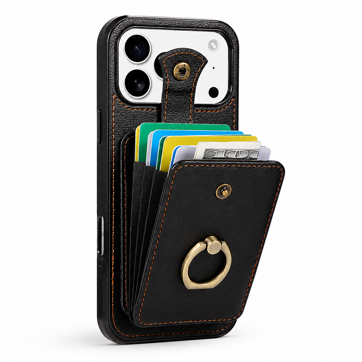Premium iPhone Case RFID Blocking Wallet Cover PU Leather Card Holder 360° Rotating Ring Kickstand Lanyard Shockproof Full Protection Slim Case Design